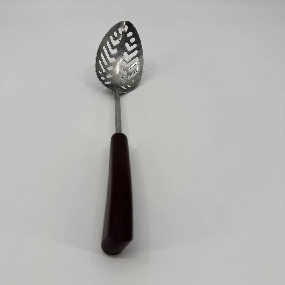 Vtg 50s A J Stainless Steel Slotted Serving Spoon Bakelite Handle Made In USA